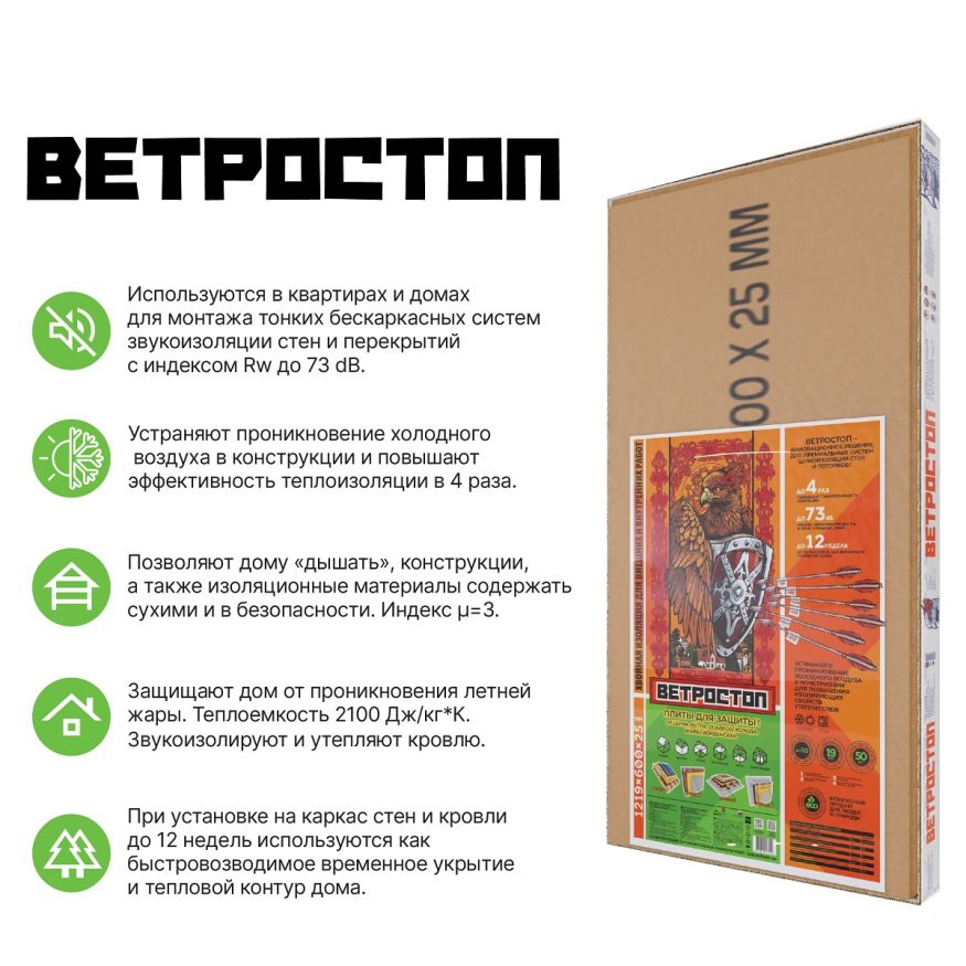 Ветрозащитная шумоизолирующая панель ВЕТРОСТОП 1200х581х25 мм (2,09 м²) купить в Нижнем Новгороде