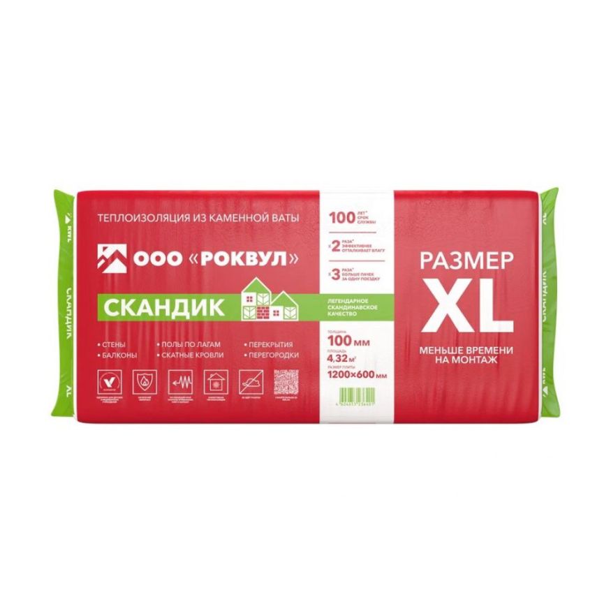 Утеплитель Роквул Скандик XL 100мм, 6 плит, 4.32м2, 600х1200мм, 0.432м3 Rockwool купить в Нижнем Новгороде